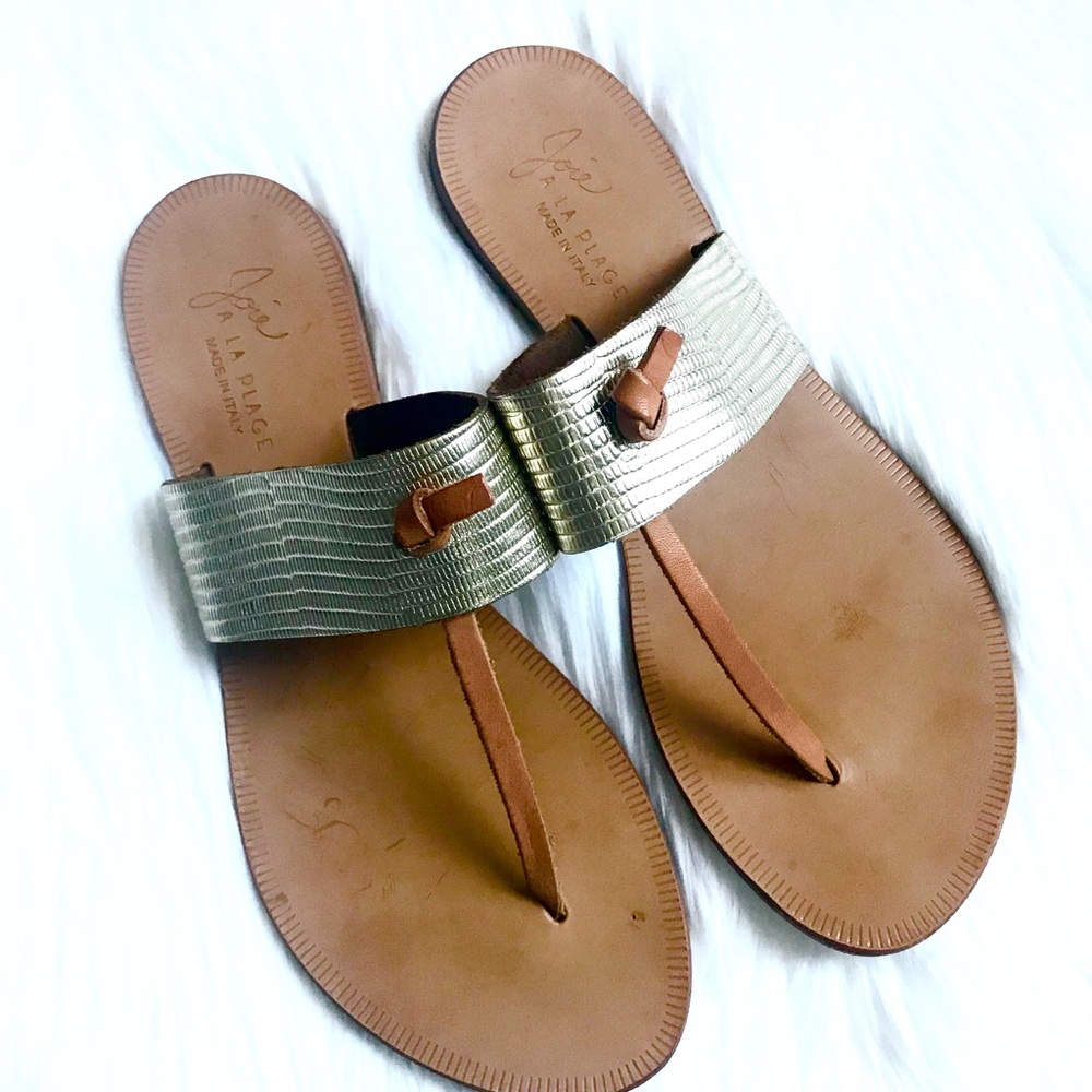Joie a La Plage Gold and Tan Leather Thong Sandals